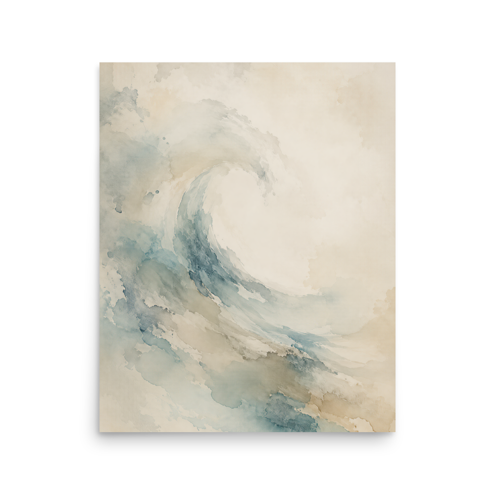 Minimalist ocean wave-inspired poster with flowing watercolor textures in soft blue, sand, and warm neutral tones.