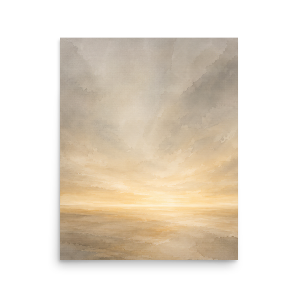 Minimalist sunrise poster featuring a glowing ocean horizon with soft neutral watercolor textures in ivory, beige, and warm gold.