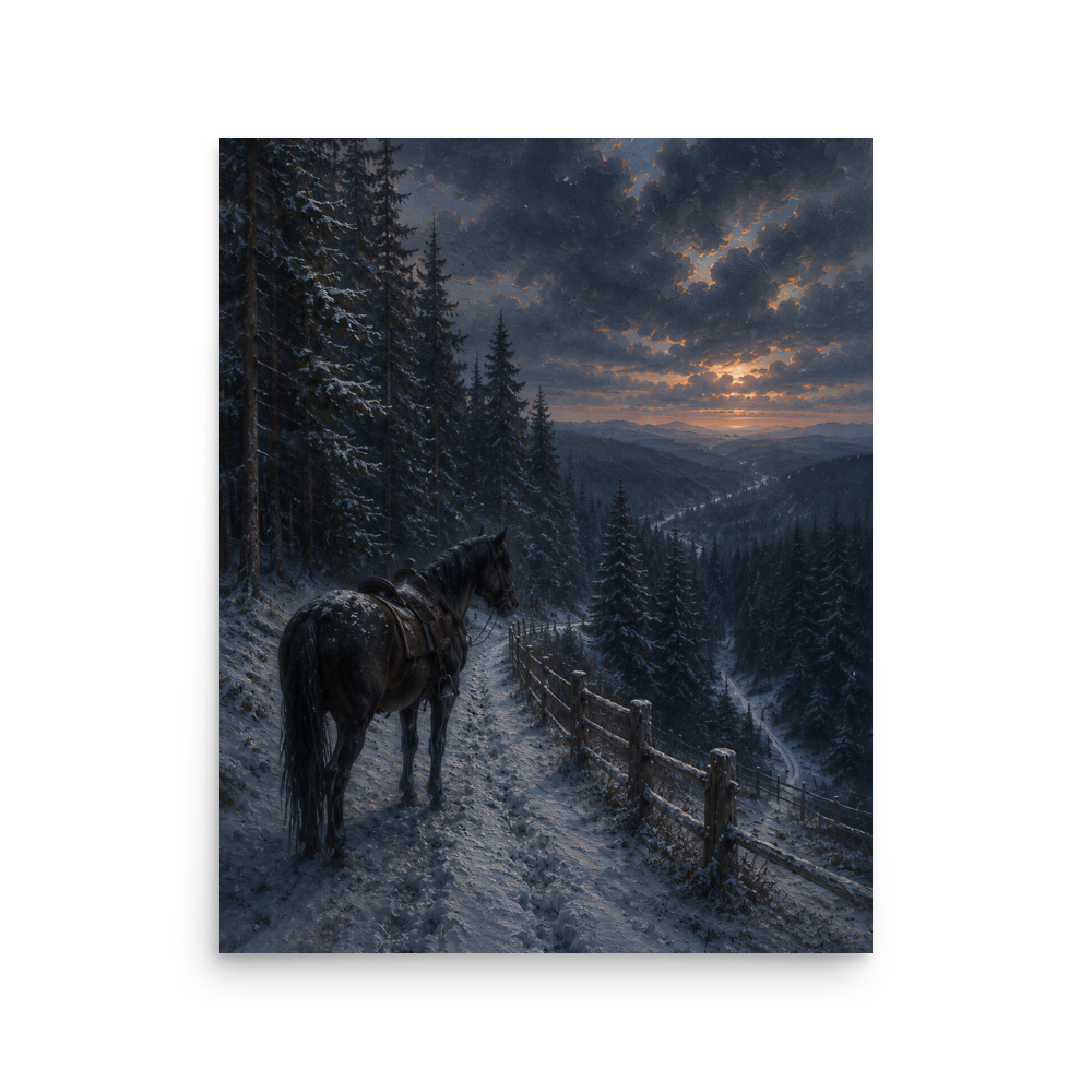 Mountain trail poster with a lone horse on a snowy winter path at sunset, inspired by Robert Frost’s The Road Not Taken, original Visual Poetry artwork.