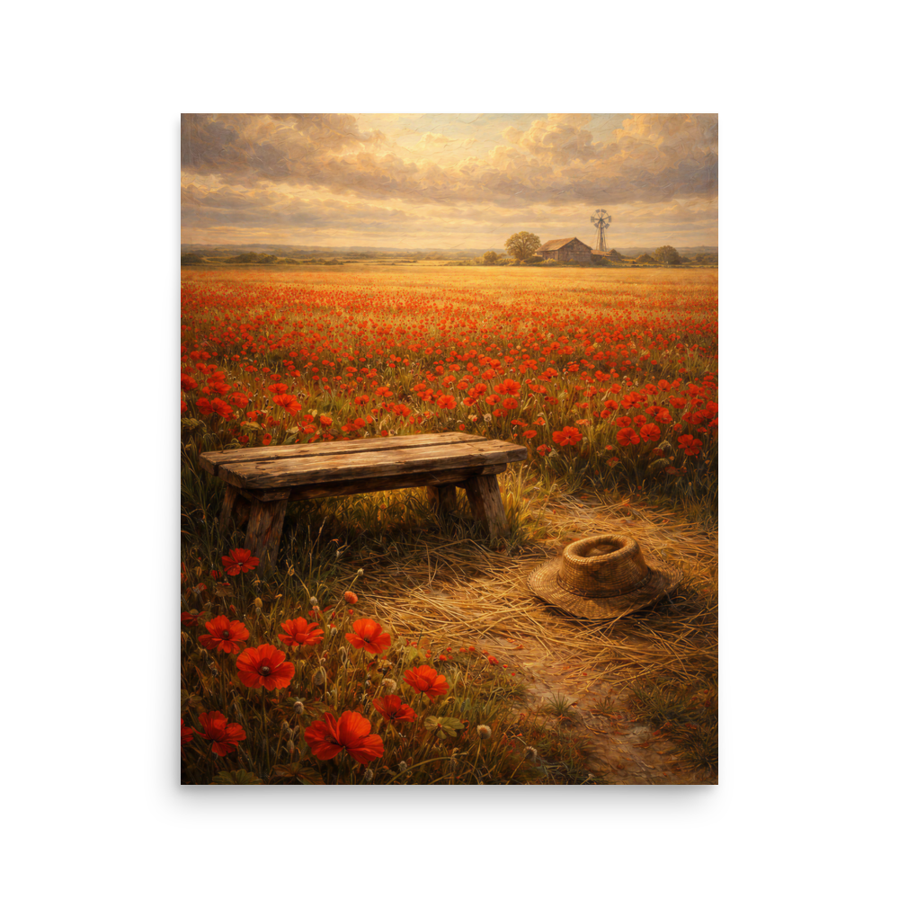 Poppy Field poster featuring a rustic bench, straw hat, and a vast field of red poppies beneath a glowing countryside sky, inspired by The Deadly Poppy Field, original Visual Poetry artwork.