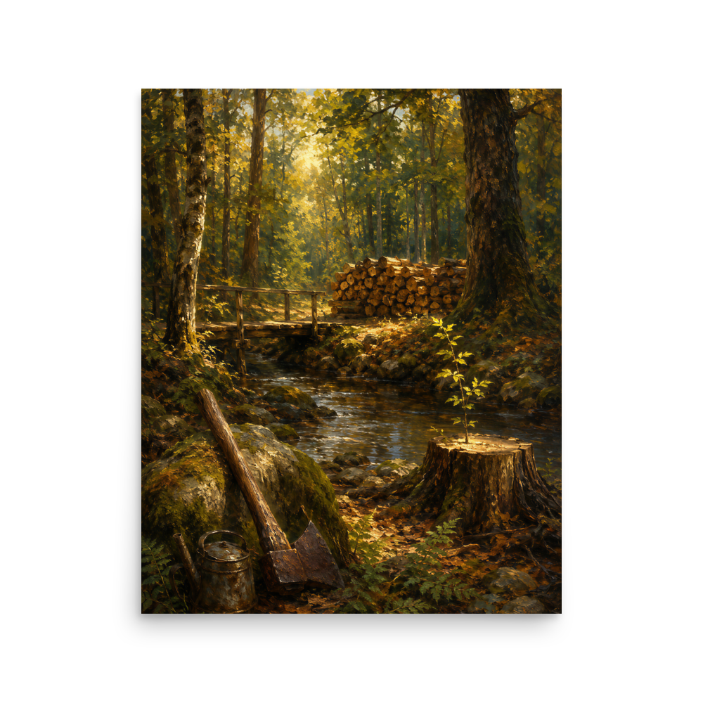 Forest Clearing poster featuring a woodland stream, rustic bridge, axe, stacked firewood, and a young sapling growing from a tree stump, inspired by Follow the Yellow Brick Road, original Visual Poetry artwork.