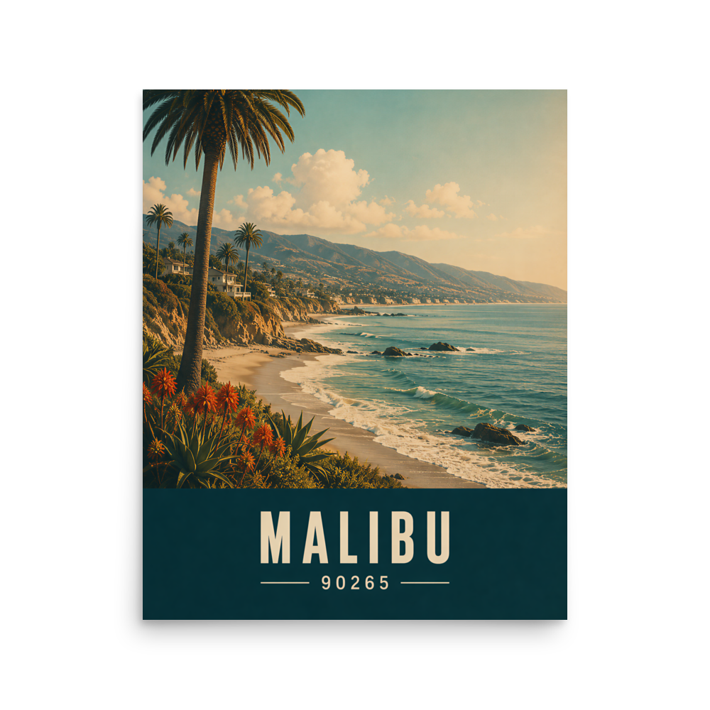Retro Malibu California travel poster with palm tree and ocean cliff view, ZIP code 90265