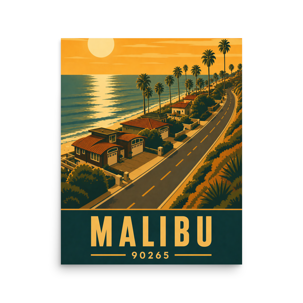 Malibu palm-lined sunset coastal road poster with 90265 zip code