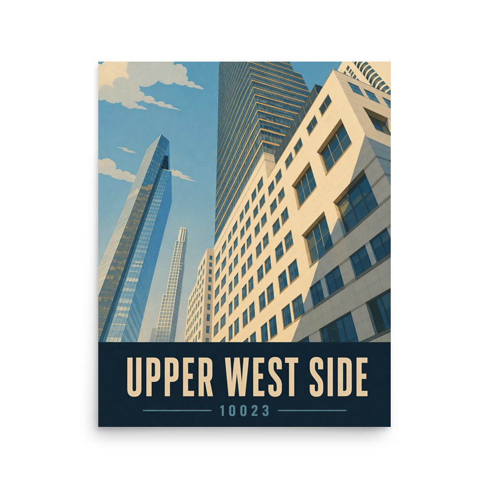 Upper West Side poster with Manhattan glass skyscraper view and 10023 zip code