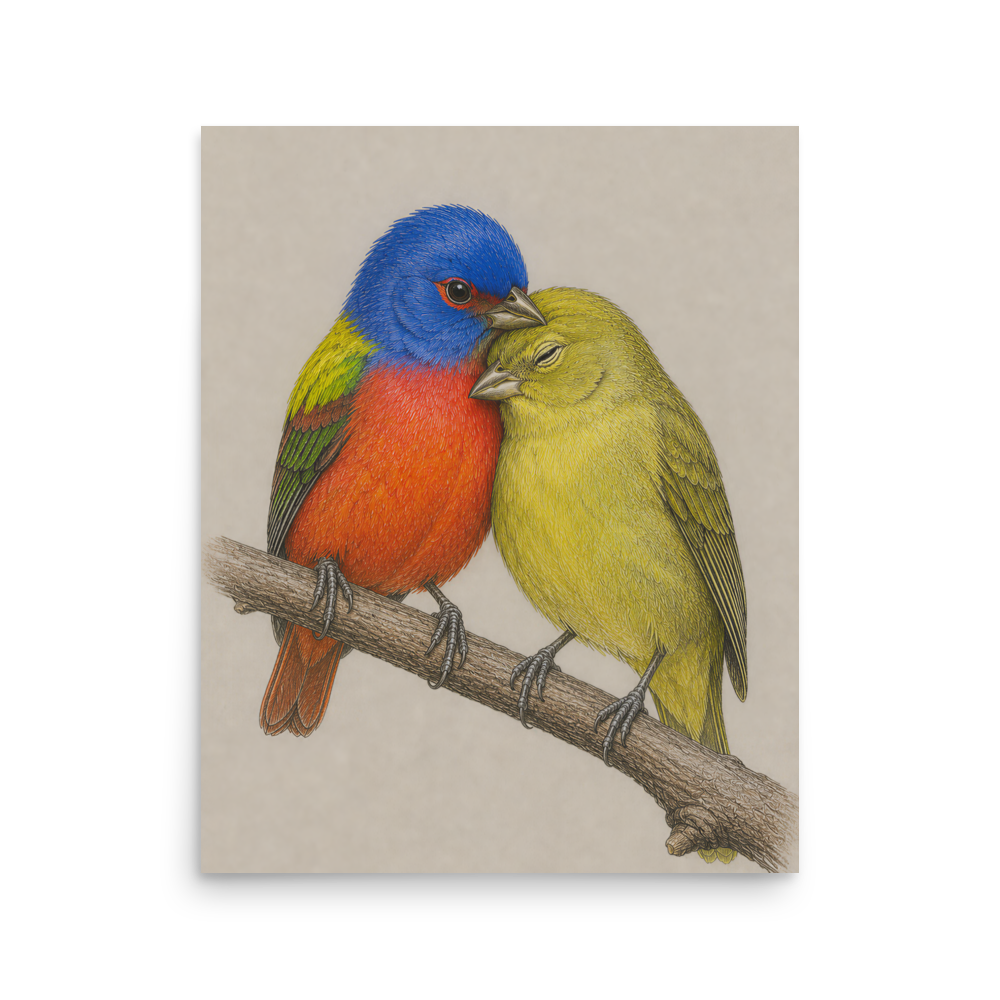 Male and female Painted Bunting pair colored pencil illustration on neutral background wall art