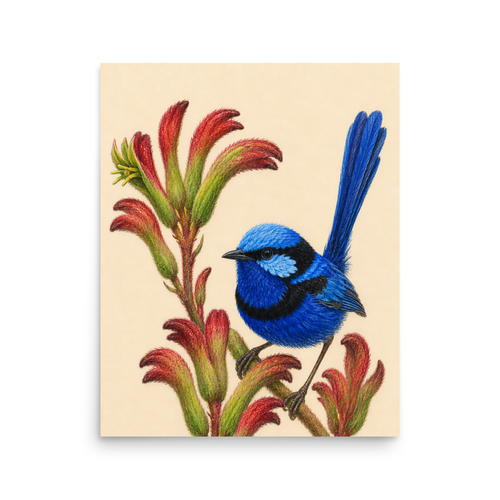 Splendid Fairywren blue wren colored pencil illustration on Kangaroo Paw flowers, warm cream background