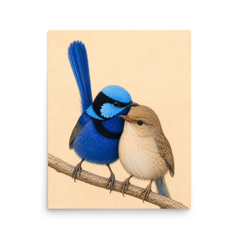 Male and female Splendid Fairywren blue wren pair colored pencil illustration on warm background