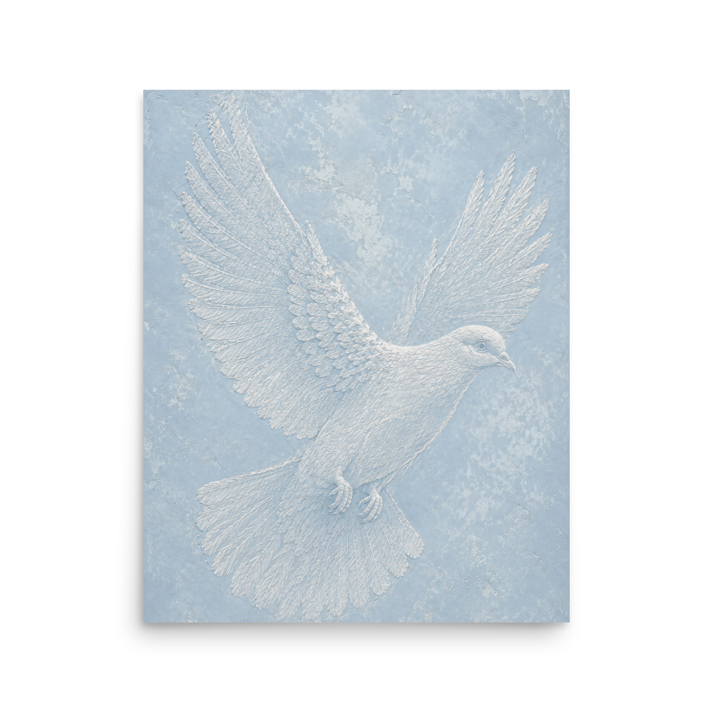 Peace dove print with embossed relief-look design on dusty blue textured background