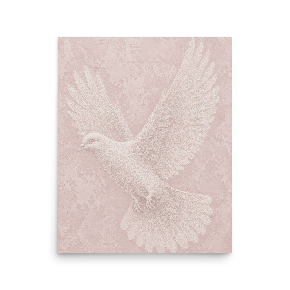 Peace dove print with embossed relief-look design on blush pink textured background
