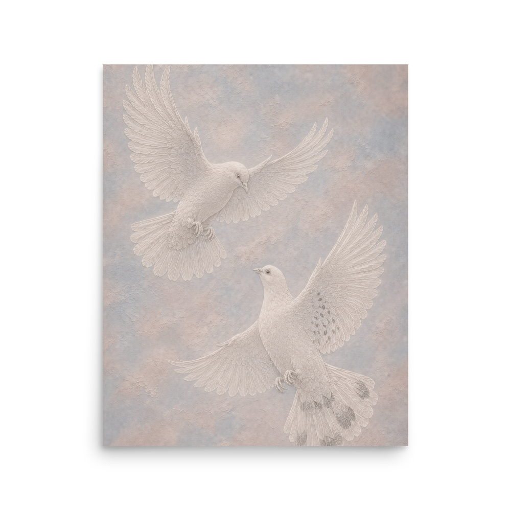 Two peace doves print with embossed relief-look design on dusty blue and blush textured background