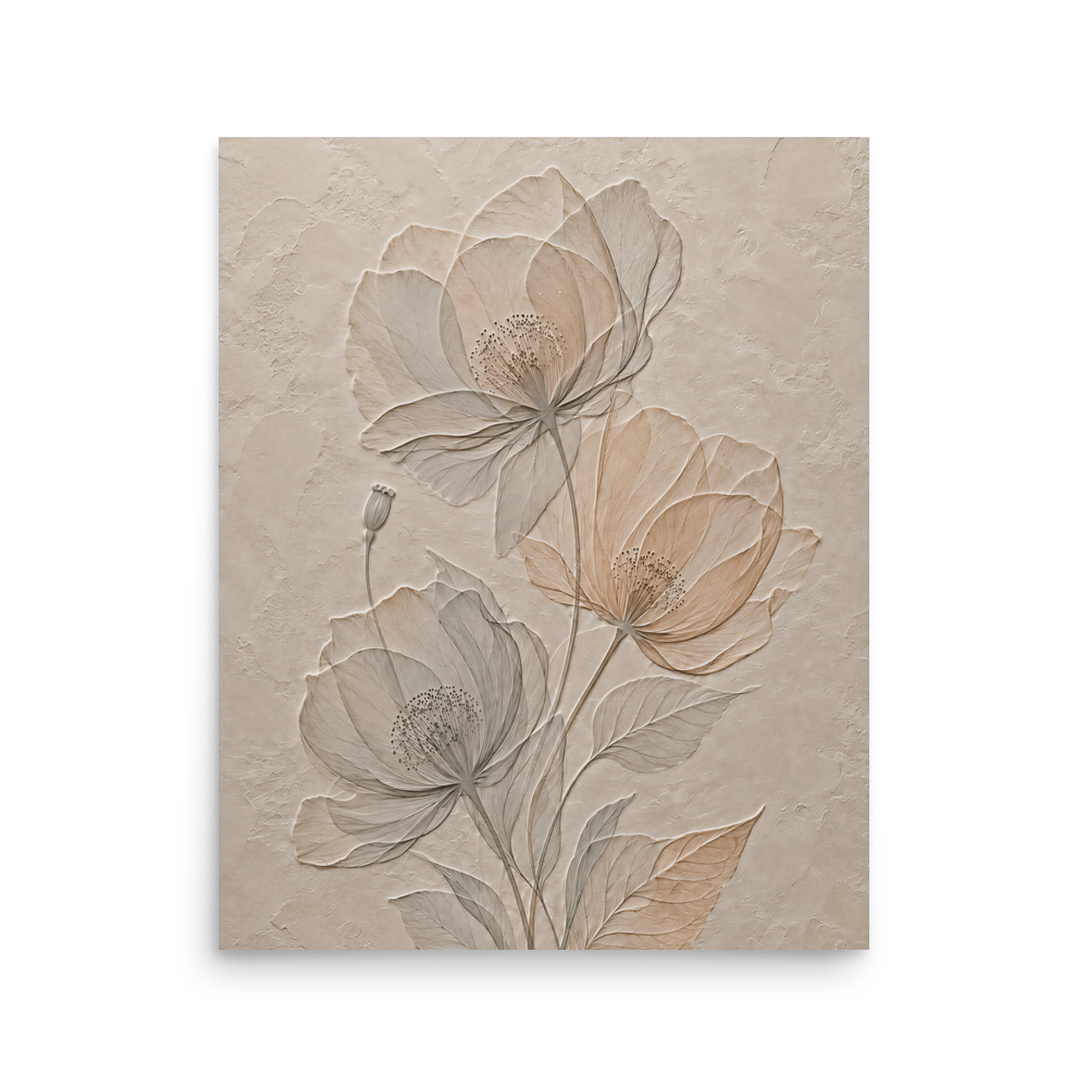 Wildflower bouquet print with embossed relief-look design on neutral beige textured background