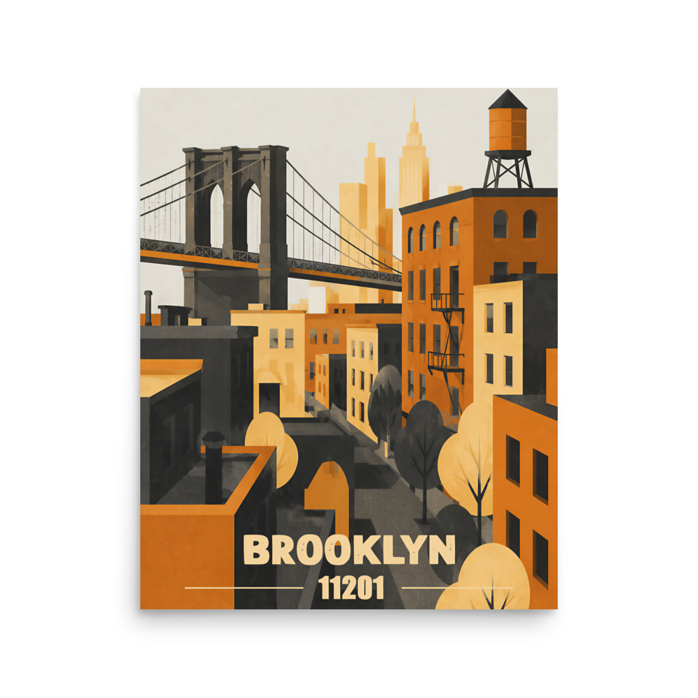 Brooklyn fire escape retro travel poster print, 11201 zip code wall art, unframed