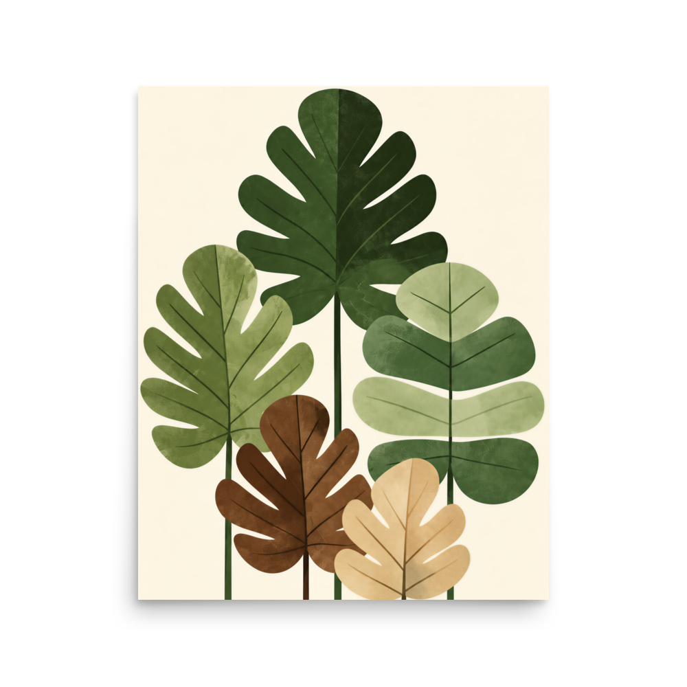 Illustrated fig leaves in shades of green, brown and gold with textured paper-like finish, botanical wall art print, JMTR Jeometry Store
