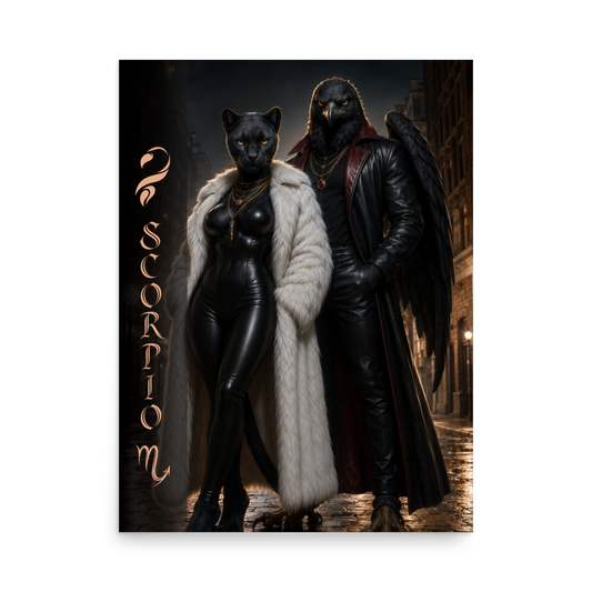 Scorpio power couple zodiac poster with black panther and black eagle