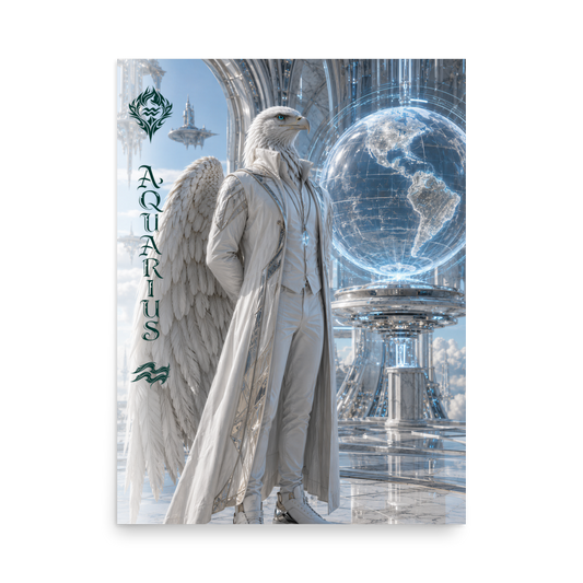 Aquarius man zodiac poster featuring a white eagle standing before a glowing world in a futuristic celestial city