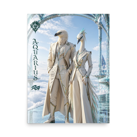 Aquarius power couple zodiac poster with eagle king and crane queen