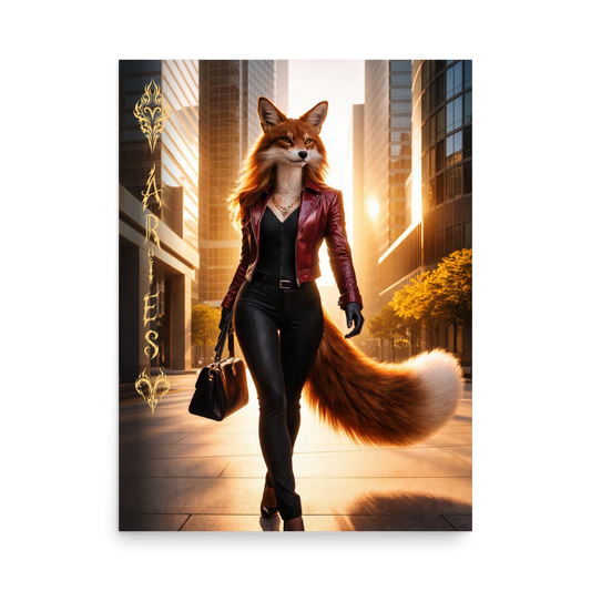 Aries fox woman zodiac poster walking through a modern city at sunset