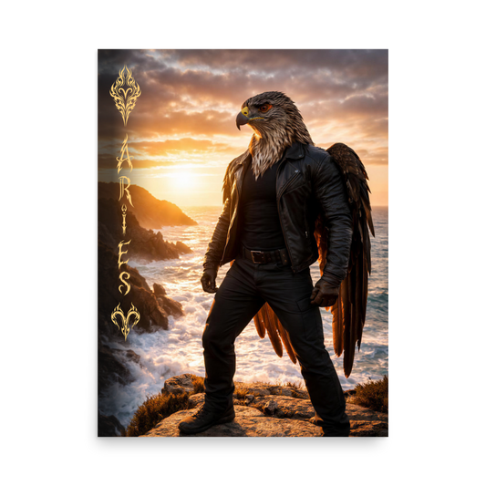 Aries man poster featuring a powerful eagle figure standing above ocean cliffs at sunset, symbolizing strength, courage, and leadership.