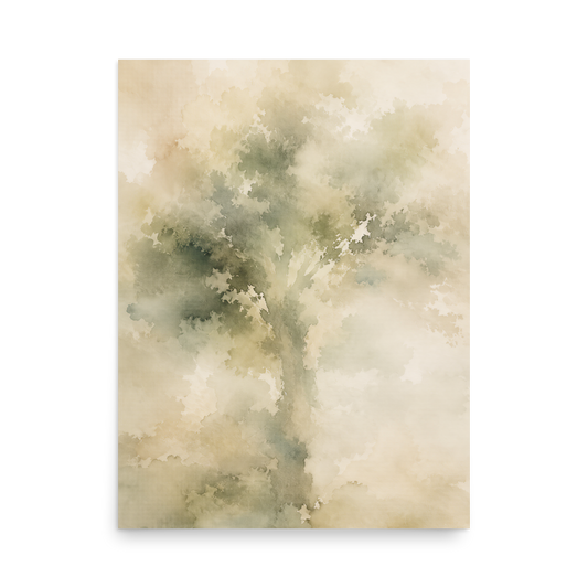 Minimalist nature-inspired poster with a softly emerging tree form in muted green and warm neutral tones
