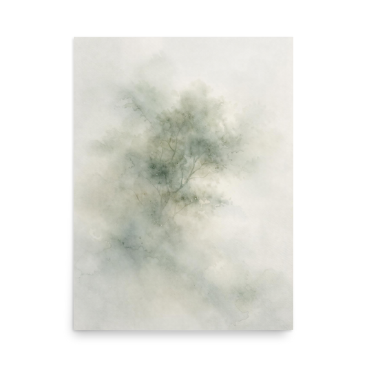 Minimalist watercolor-inspired artwork with a softly emerging tree form and subtle neutral tones.
