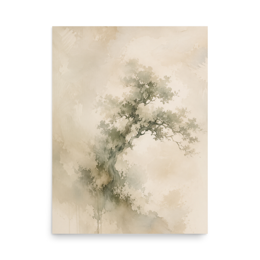 Minimalist nature-inspired poster featuring an emerging tree form in soft earthy neutral tones.