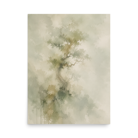 Minimalist nature-inspired poster featuring a softly emerging tree form in muted neutral tones and organic watercolor textures.