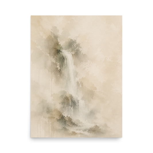 Minimalist waterfall-inspired poster featuring soft flowing forms in warm neutral and muted earth tones.