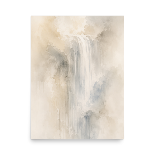 Minimalist waterfall-inspired poster with soft flowing forms in warm neutrals, misty blues, and subtle organic textures.