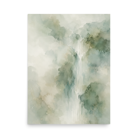 Minimalist waterfall-inspired poster with soft sage green tones, flowing water, and organic watercolor textures.