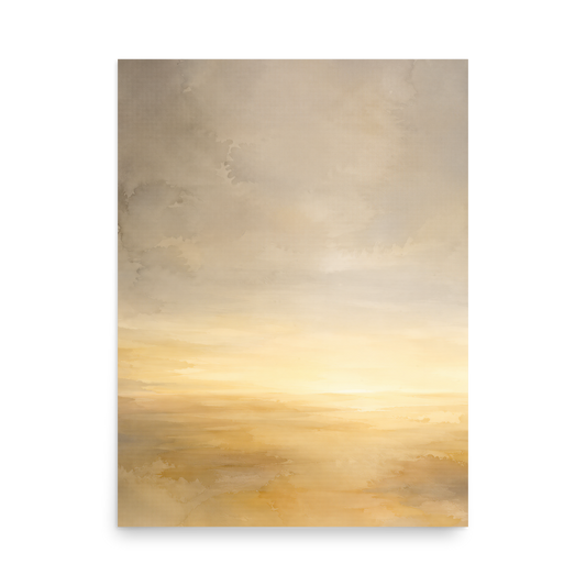 Minimalist sunrise poster featuring a glowing ocean horizon with soft watercolor textures in warm gold, ivory, and neutral tones.