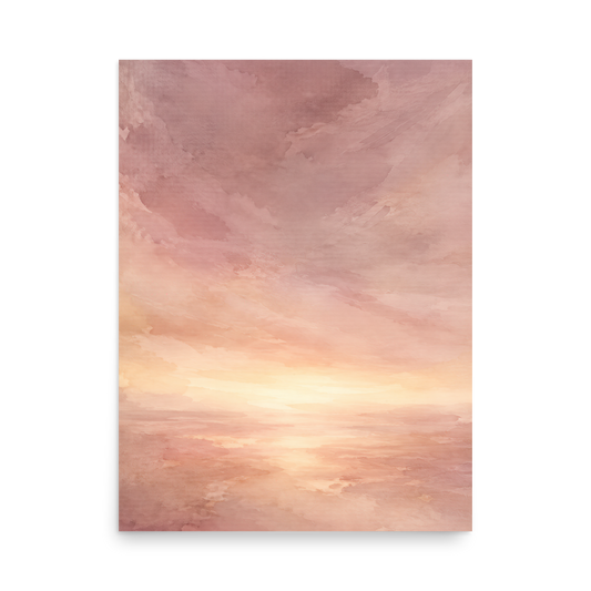 Minimalist sunrise poster with a glowing blush ocean horizon and soft watercolor textures in pink, peach, and warm neutral tones.