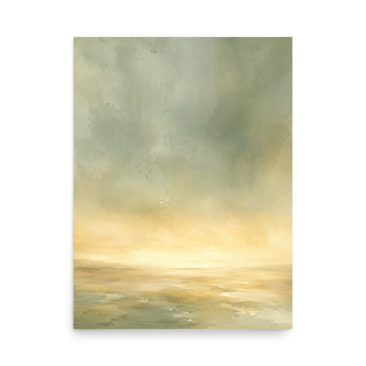 Minimalist sunrise poster featuring a glowing ocean horizon with soft sage green, warm gold, and watercolor textures.