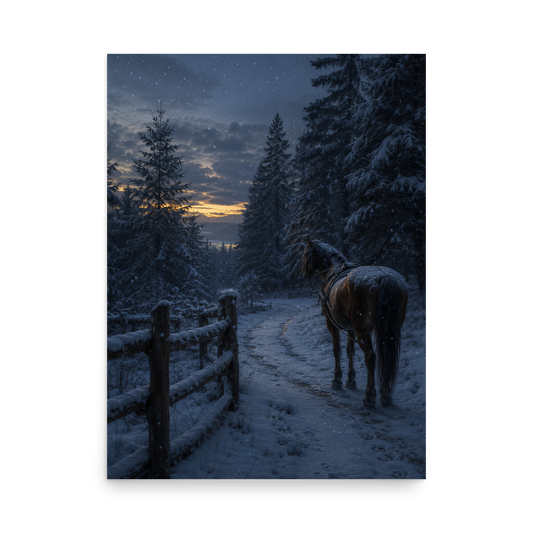 Winter forest poster with a lone horse on a snowy path at dusk, inspired by Robert Frost's Miles to go, original Visual Poetry artwork.