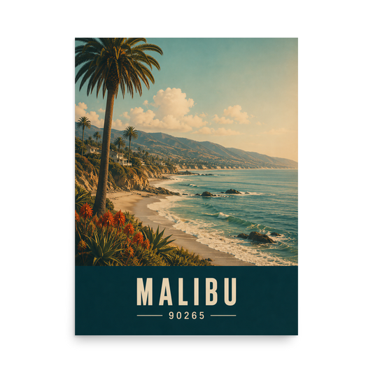 Retro Malibu California travel poster with palm tree and ocean cliff view, ZIP code 90265