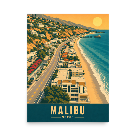 Aerial Malibu Pacific Coast Highway sunset poster with 90265 zip code