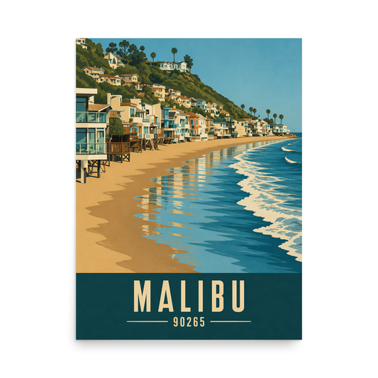 Malibu beach house coastal poster with 90265 zip code, beachfront wall art
