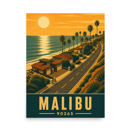 Malibu palm-lined sunset coastal road poster with 90265 zip code