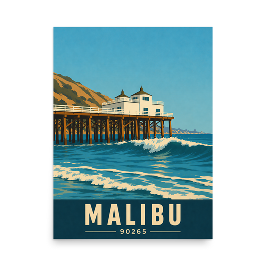 Malibu oceanfront pier and waves poster with 90265 zip code