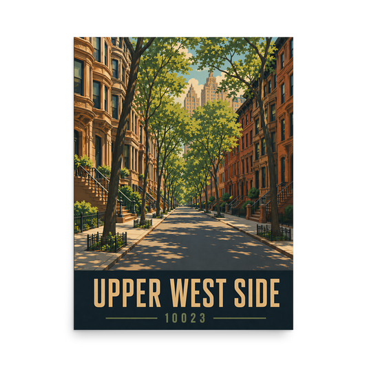 Upper West Side brownstone street poster with 10023 zip code, retro NYC wall art