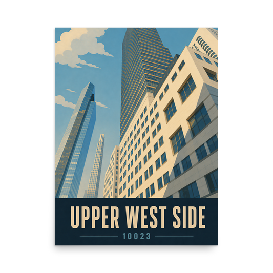 Upper West Side poster with Manhattan glass skyscraper view and 10023 zip code