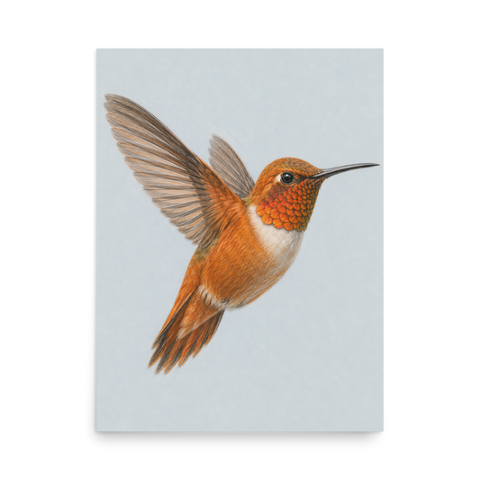 Rufous hummingbird colored pencil illustration print on dusty blue pastel background wall art