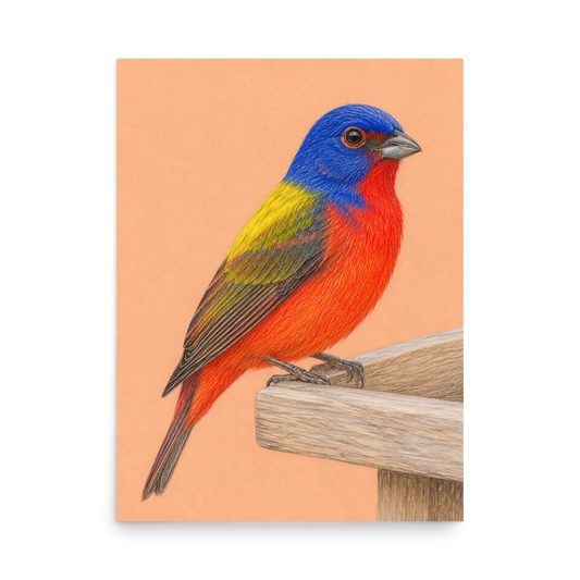 Painted Bunting colored pencil illustration on wooden feeder, apricot pastel background wall art
