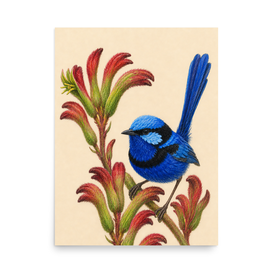 Splendid Fairywren blue wren colored pencil illustration on Kangaroo Paw flowers, warm cream background
