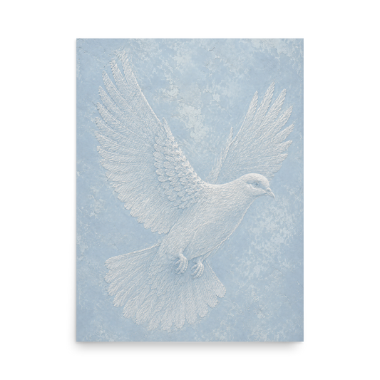 Peace dove print with embossed relief-look design on dusty blue textured background