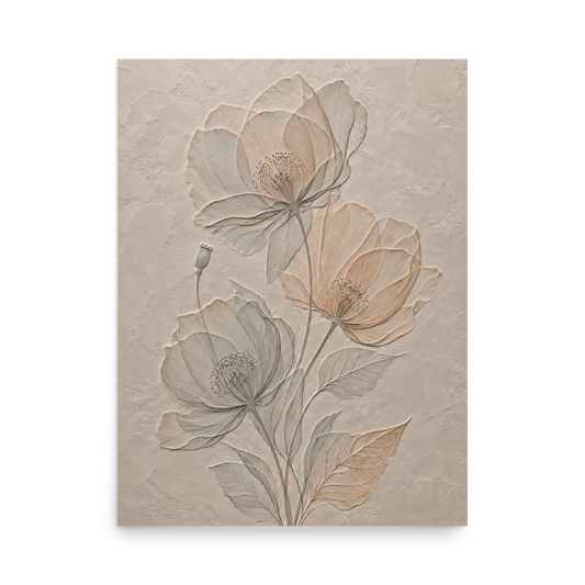 Wildflower bouquet print with embossed relief-look design on neutral beige textured background