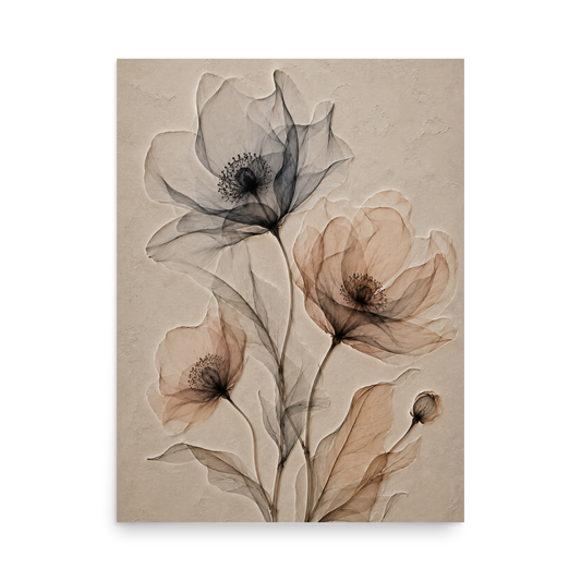 Wildflower trio print with embossed relief-look design in charcoal and clay tones on beige textured background
