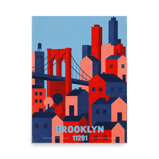 Brooklyn Bridge retro travel poster print, 11201 zip code wall art, unframed