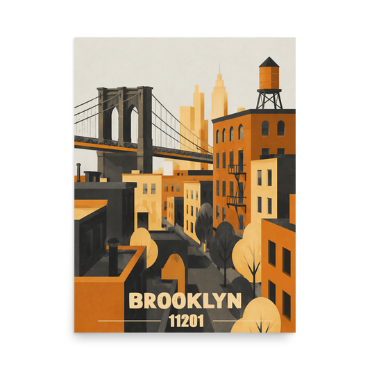 Brooklyn fire escape retro travel poster print, 11201 zip code wall art, unframed