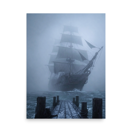 Ghost ship emerging from fog at dawn, dark moody coastal wall art print, JMTR Jeometry Store