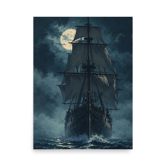 Tall ship sailing under full moon at night, vintage atmospheric nautical wall art print, JMTR Jeometry Store